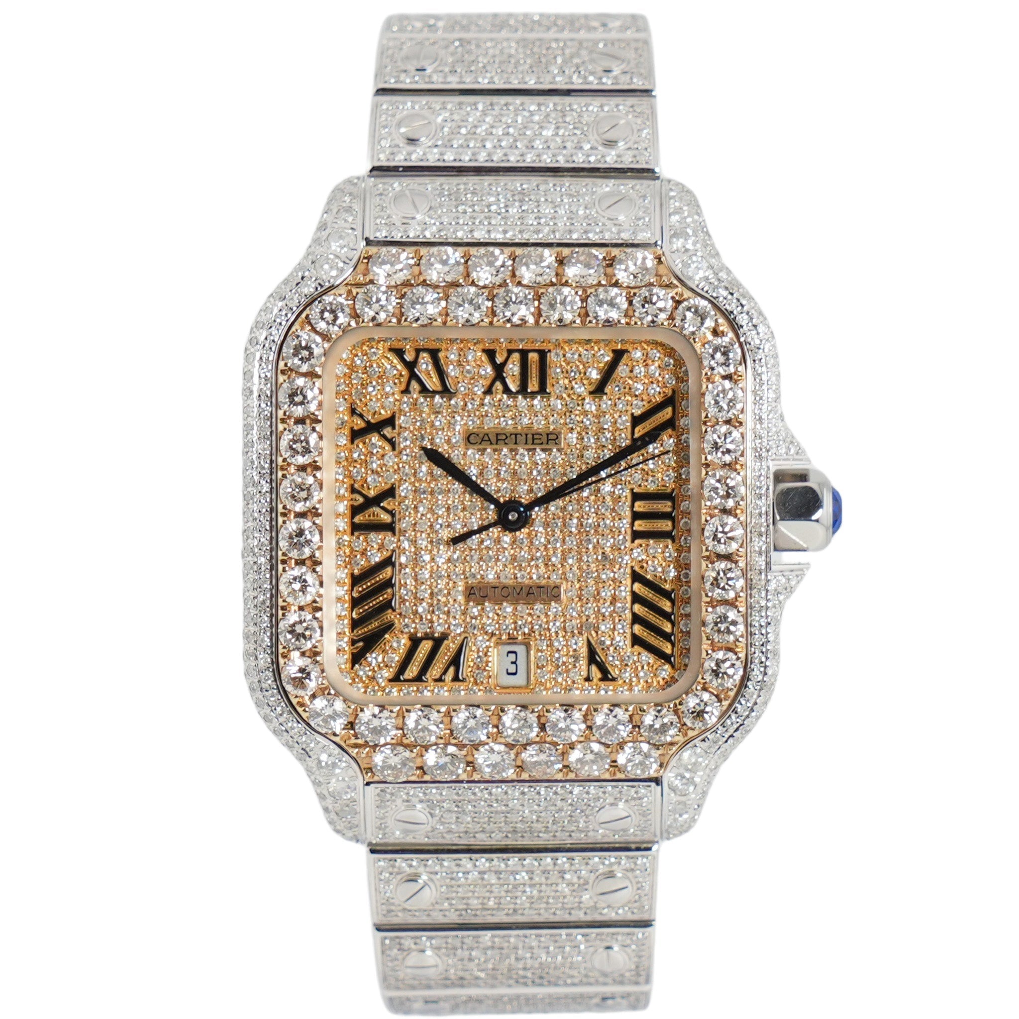 Cartier Santos Iced Out Stahl / Roségold WSSA0018