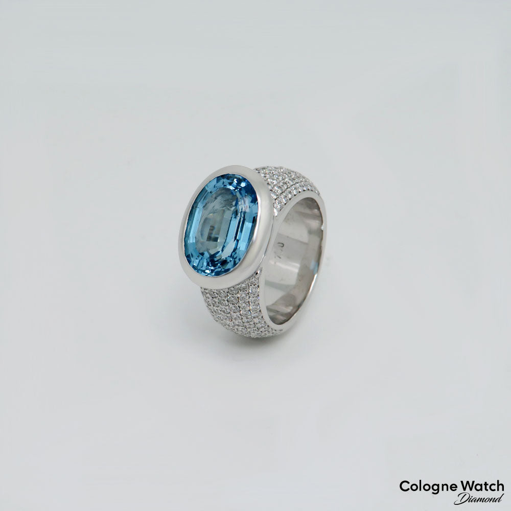 Ring mit 1,47ct TW-vvs Brillant + Blautopas Besatz in 750/18K Weißgold Gr. 56