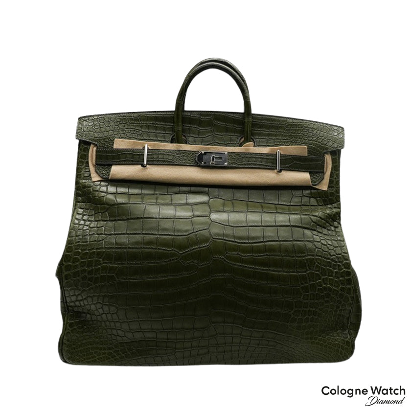 Hermès Hac 50 aus Krokodil Leder mit Palladium Beschlägen in Militärgrün