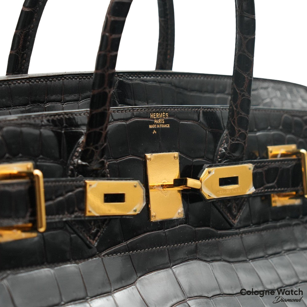 Hermès Hac 45 aus Krokodil Leder mit Gelbgold Beschlägen in Noir