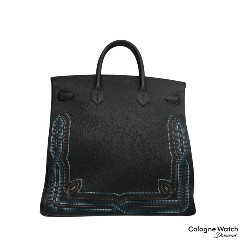 Hermès Hac 40 Limited Edition Runway aus Togo Leder mit Palladium Beschlägen in Noir/Bleu bestickt