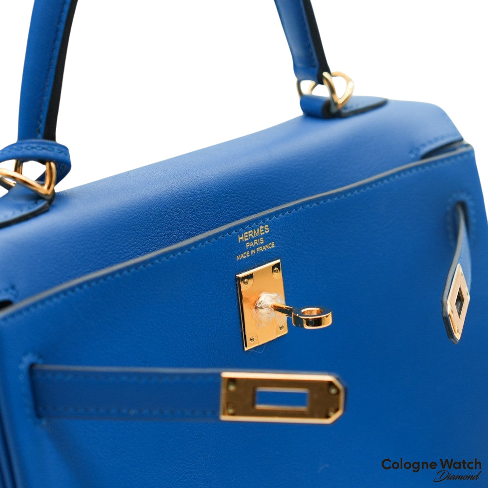 Hermès Kelly II 25 Retourne Veau Swift Bleu Zellige mit Gold Beschlägen