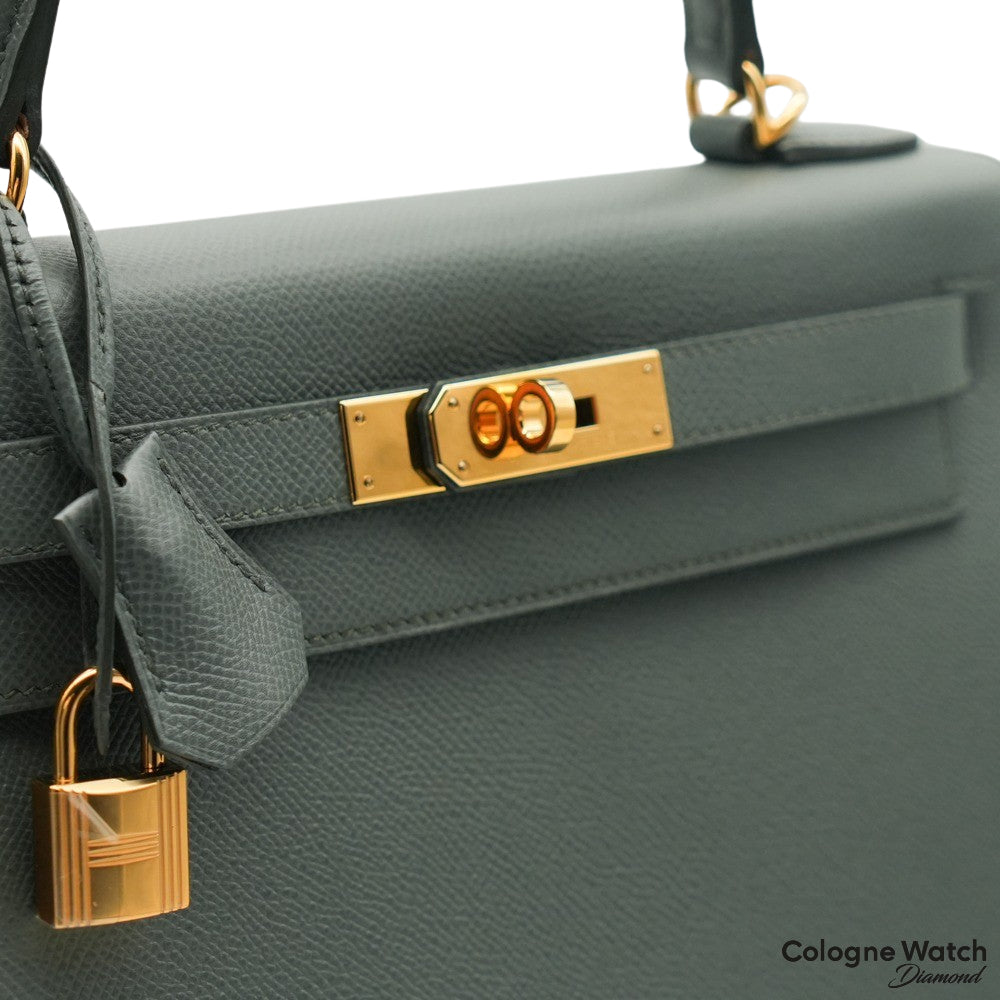 Hermès Kelly 28 Sellier aus Epsom Leder mit Gelbgold Beschlägen in Gris  Etain