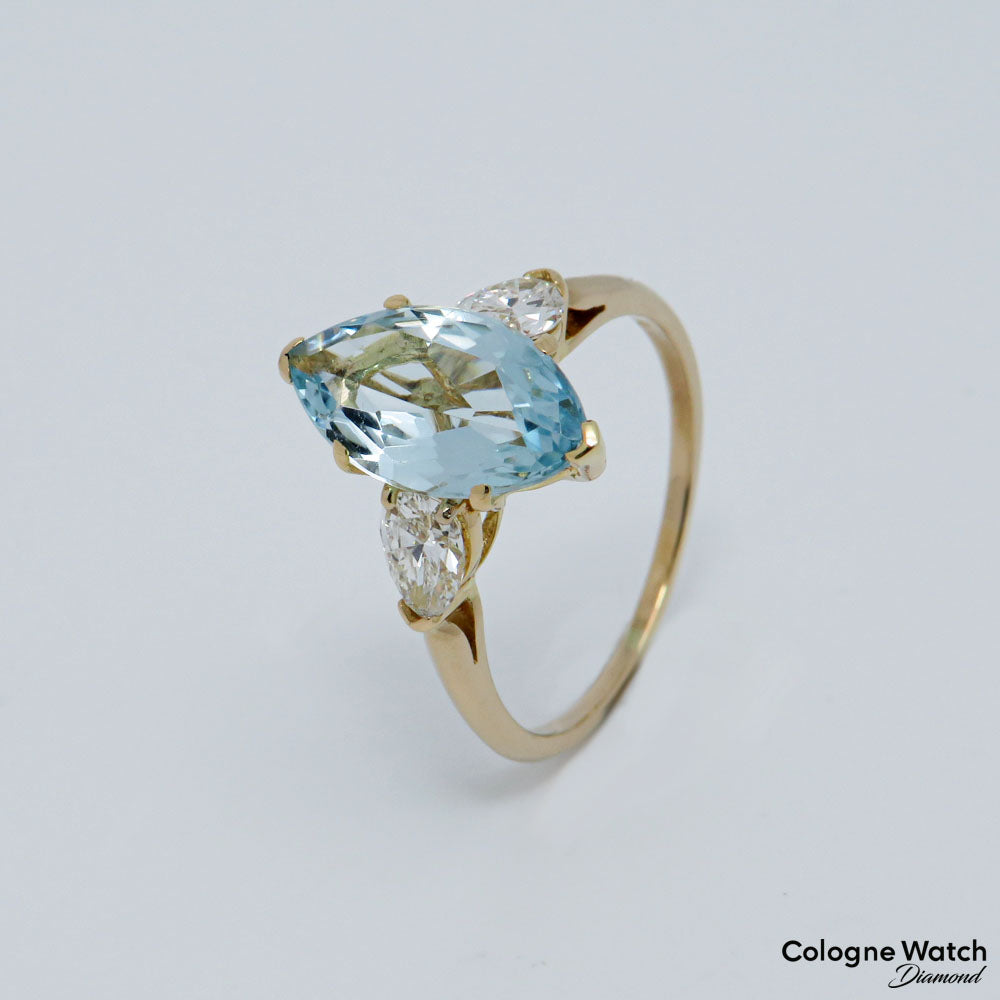 Vintage Ring mit ca. 4,00ct Aquamarin und ca. 0,90ct Diamant in 750/18K Gelbgold Gr. 58