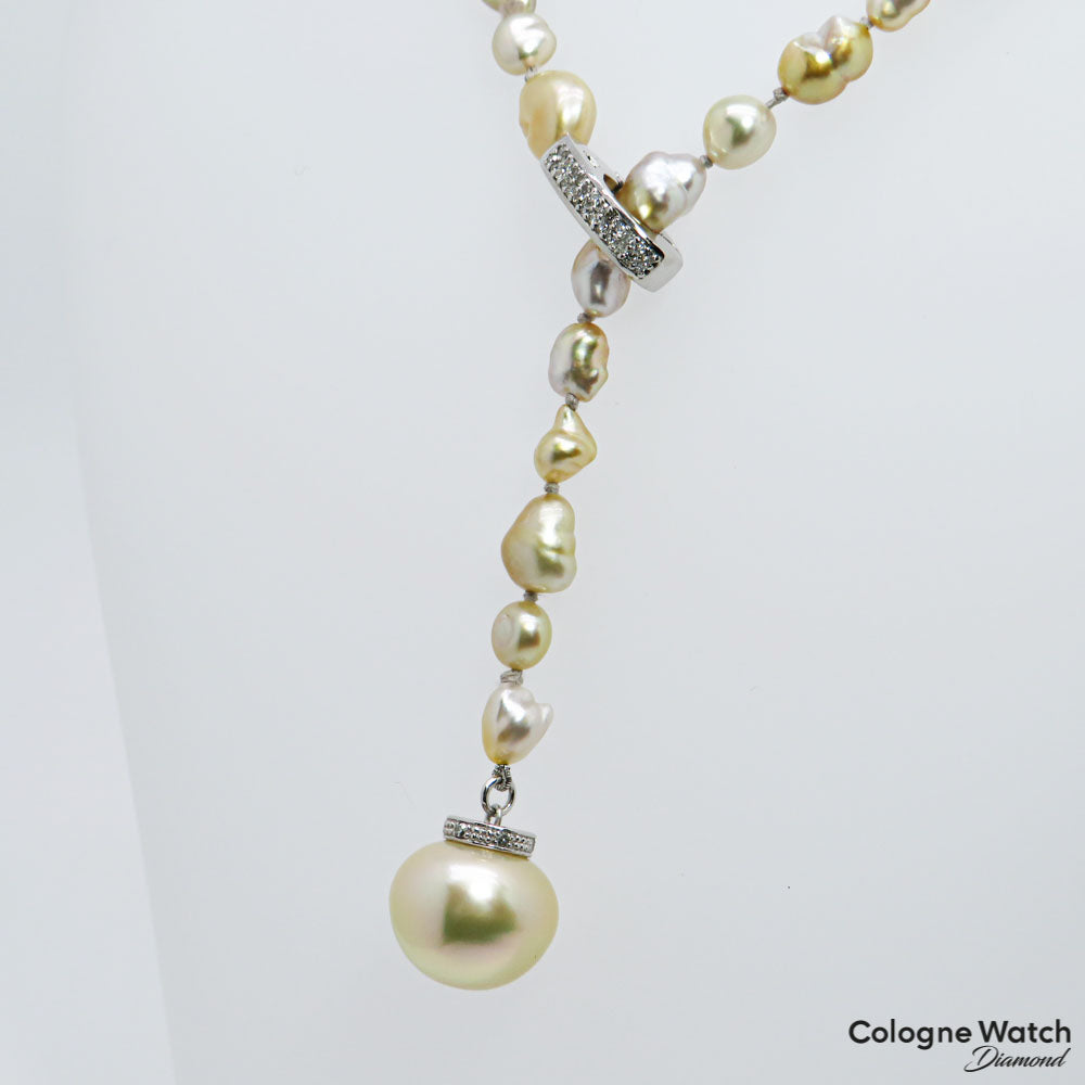 Perlencollier mit goldenen Südsee Keshi Naturperlen und Diamant Besatz an 750/18K Weißgold Schließe Ø 13,5 mm / Länge 54,0cm