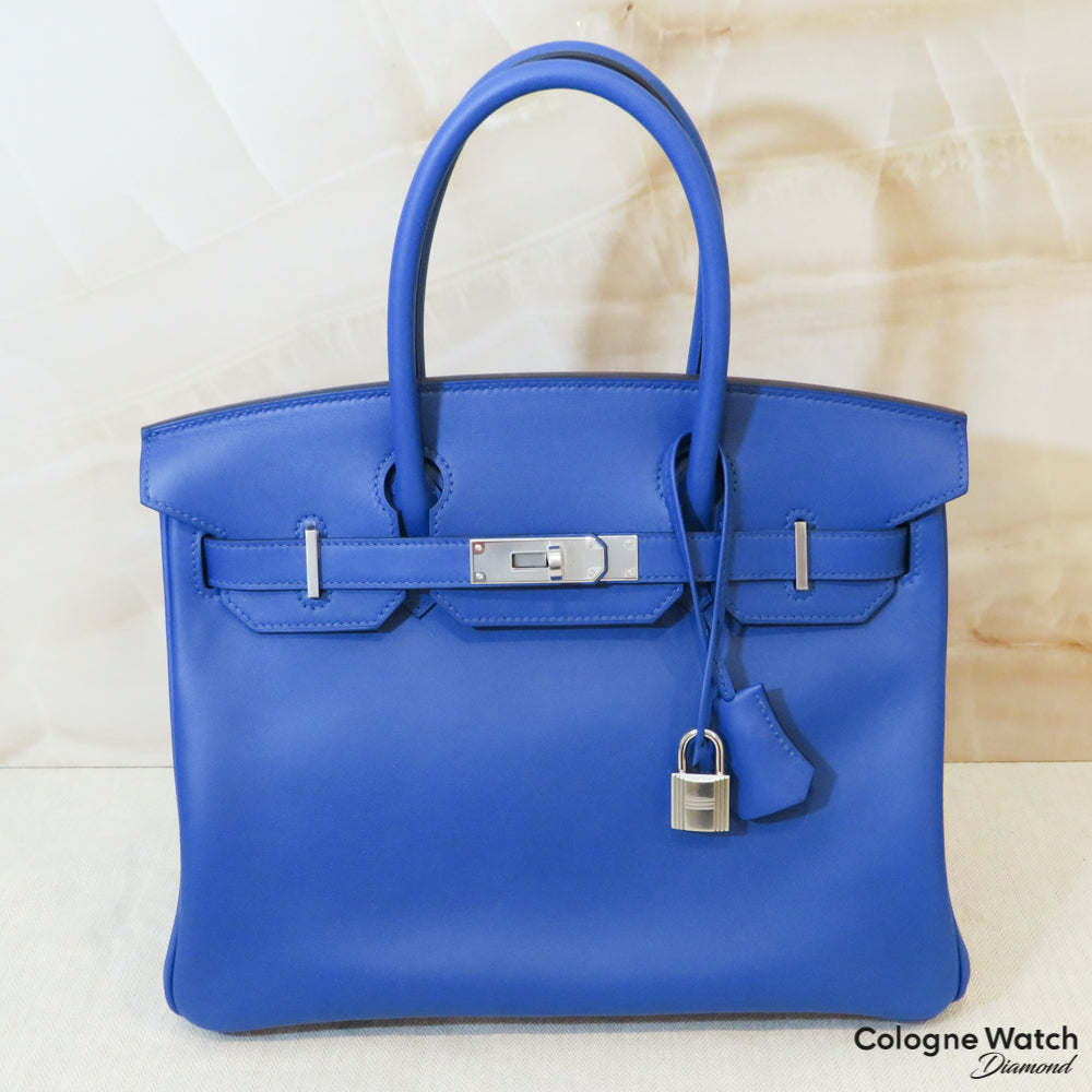 Hermès Birkin 30 mit Palladium Beschlägen in blau Swift Leder 